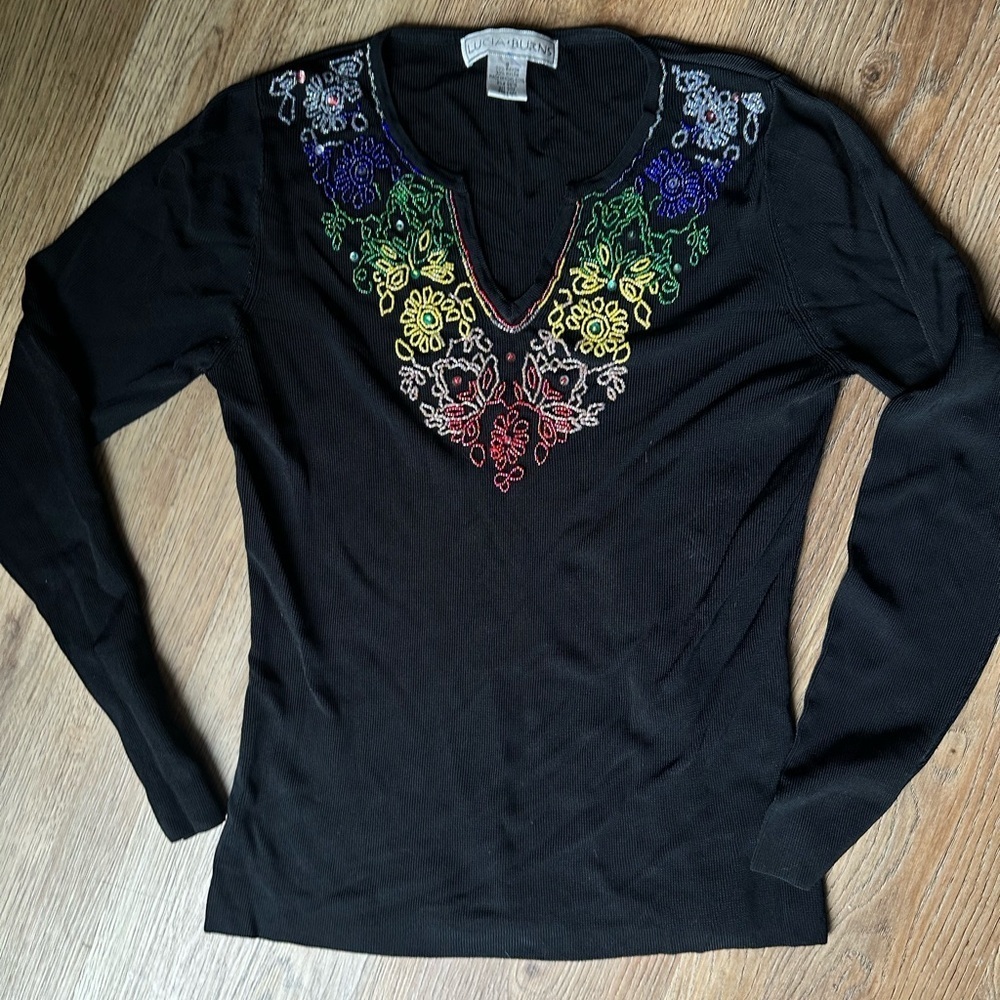 Lucia Burns Y2K Black beaded rainbow floral long sleeve ribbed top. Size small.